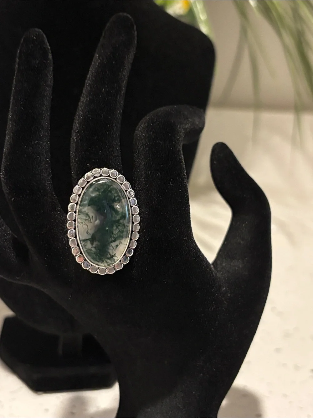 Sterling Silver Moss Agate Oval Statement Ring Size 8